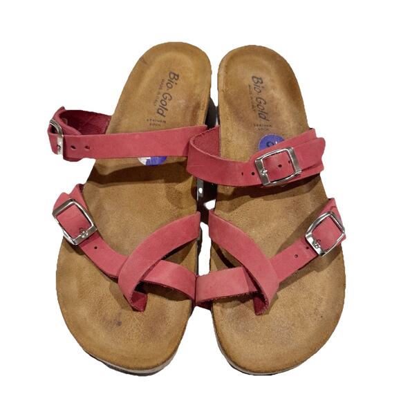 Bio Gold Italy Pink Leather Cross Strap Cork Sandals Women 8.5 - Picture 1 of 6